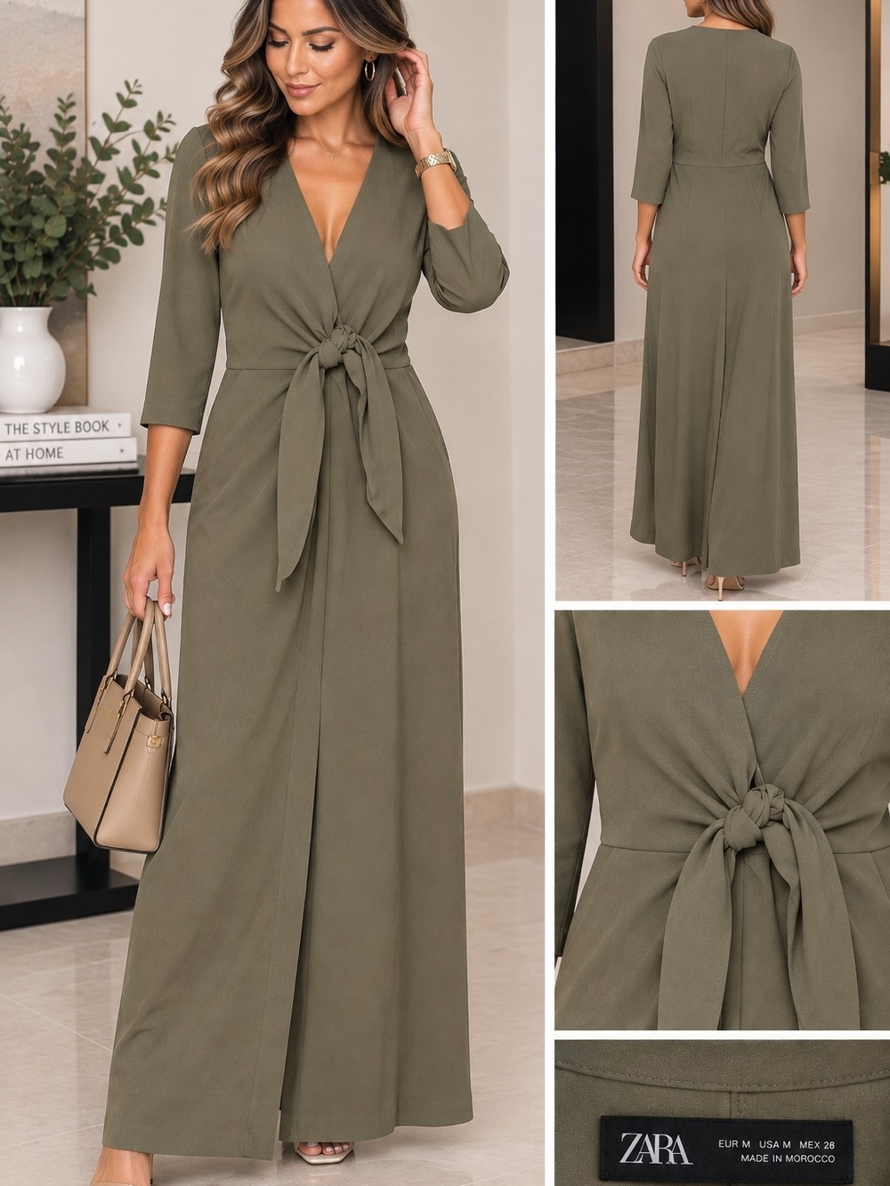 Zara Olive Tie-Front V‑Neck Maxi Dress